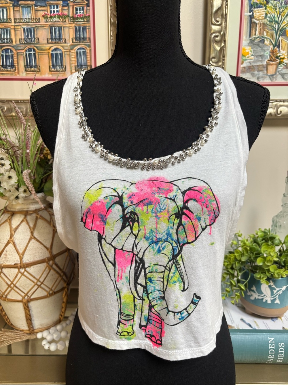 Y2K White Rhinestone Beaded Neon Watercolor Elephant Graphic Crop Boho Tank Top